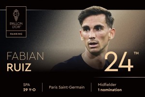 2025年金球奖排名第24位！ 法比安-鲁伊斯，第一次获得提名